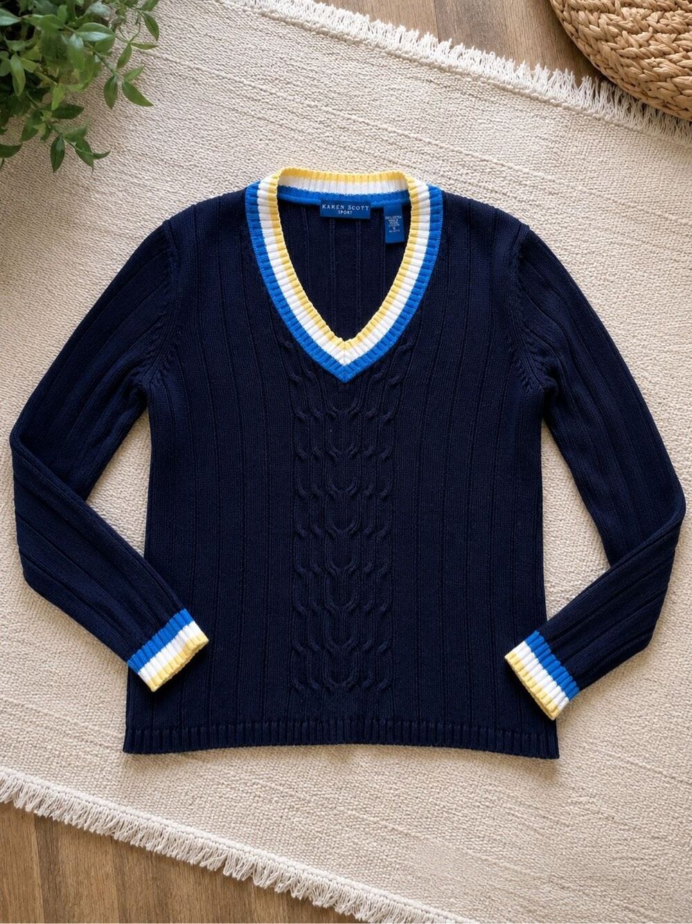 Karen Scott Sport Navy Cable Knit V Neck Sweater Small 100% Cotton